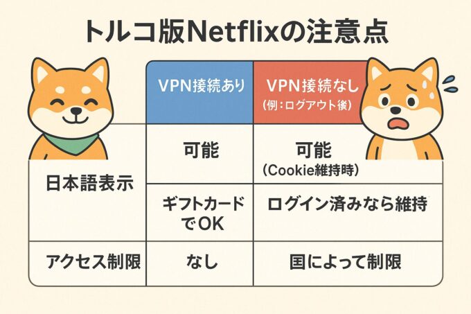 VPNあり・なし比較表(Netflixトルコ)