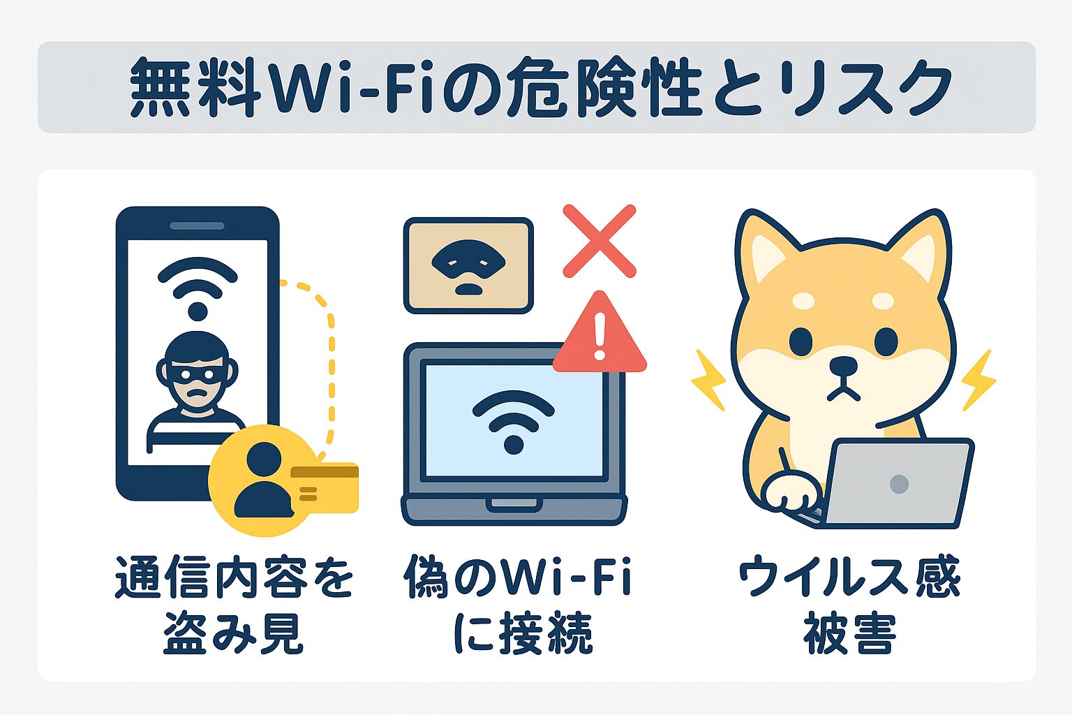 無料Wi-Fiの危険性とリスクを説明する図解(盗み見・偽装Wi-Fi・ウイルス被害)