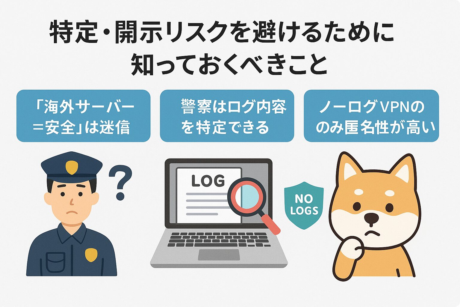 特定・開示リスクを避けるために知っておくべきことの図解(警察・ログ・ノーログVPN・柴犬キャラ)