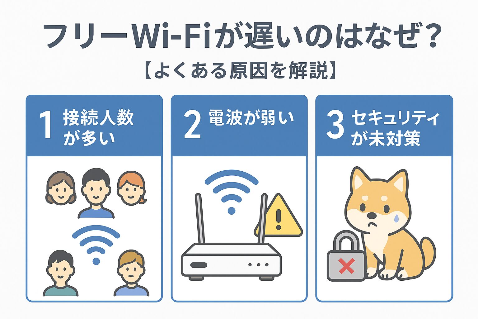 フリーWi-Fiが遅い理由を3つに分けて解説した図解(接続人数・電波の弱さ・セキュリティ未対策)