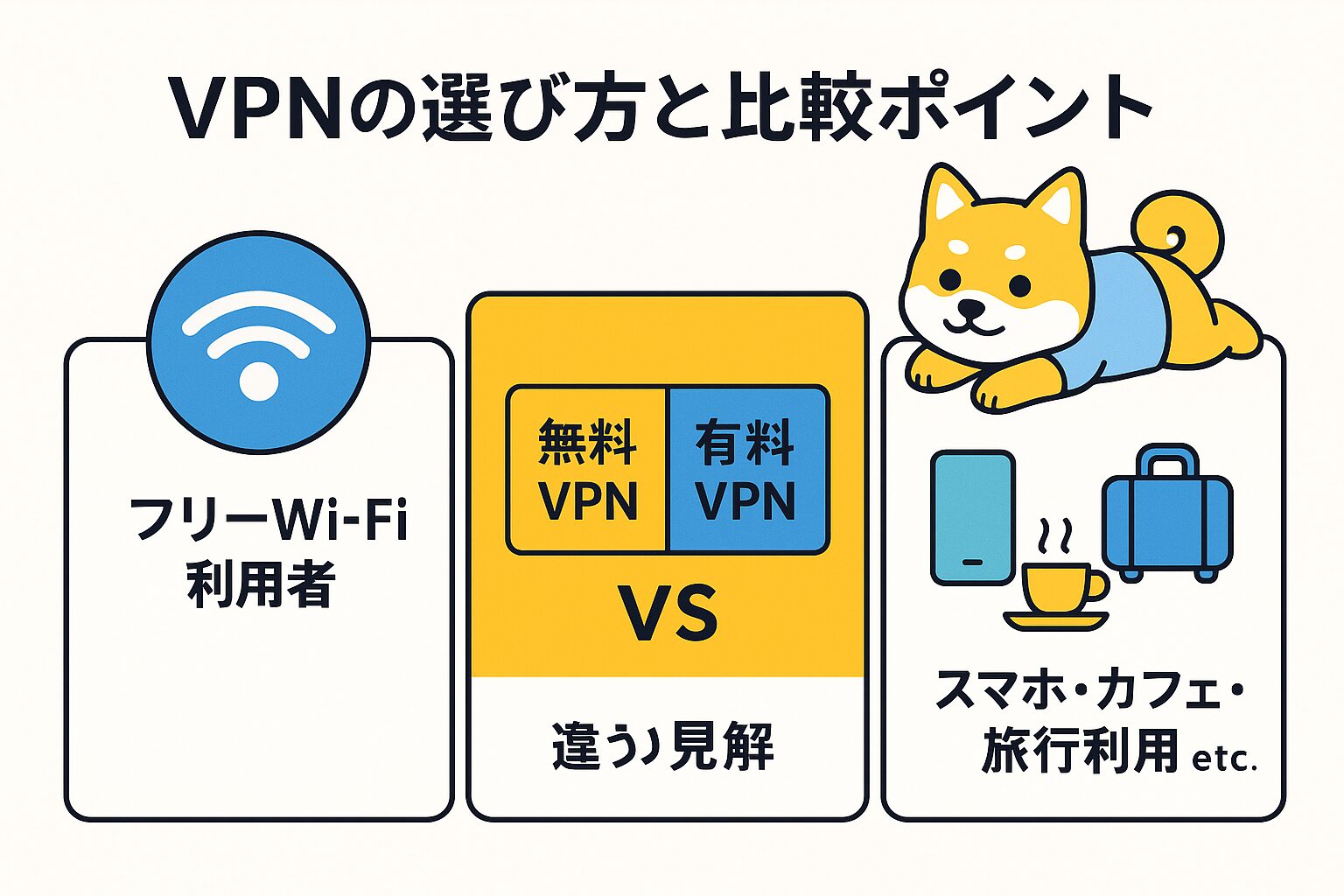 VPNの選び方と比較ポイント:フリーWi-Fi利用者向け、無料VPNと有料VPNの違い、利用シーン別の使い分け