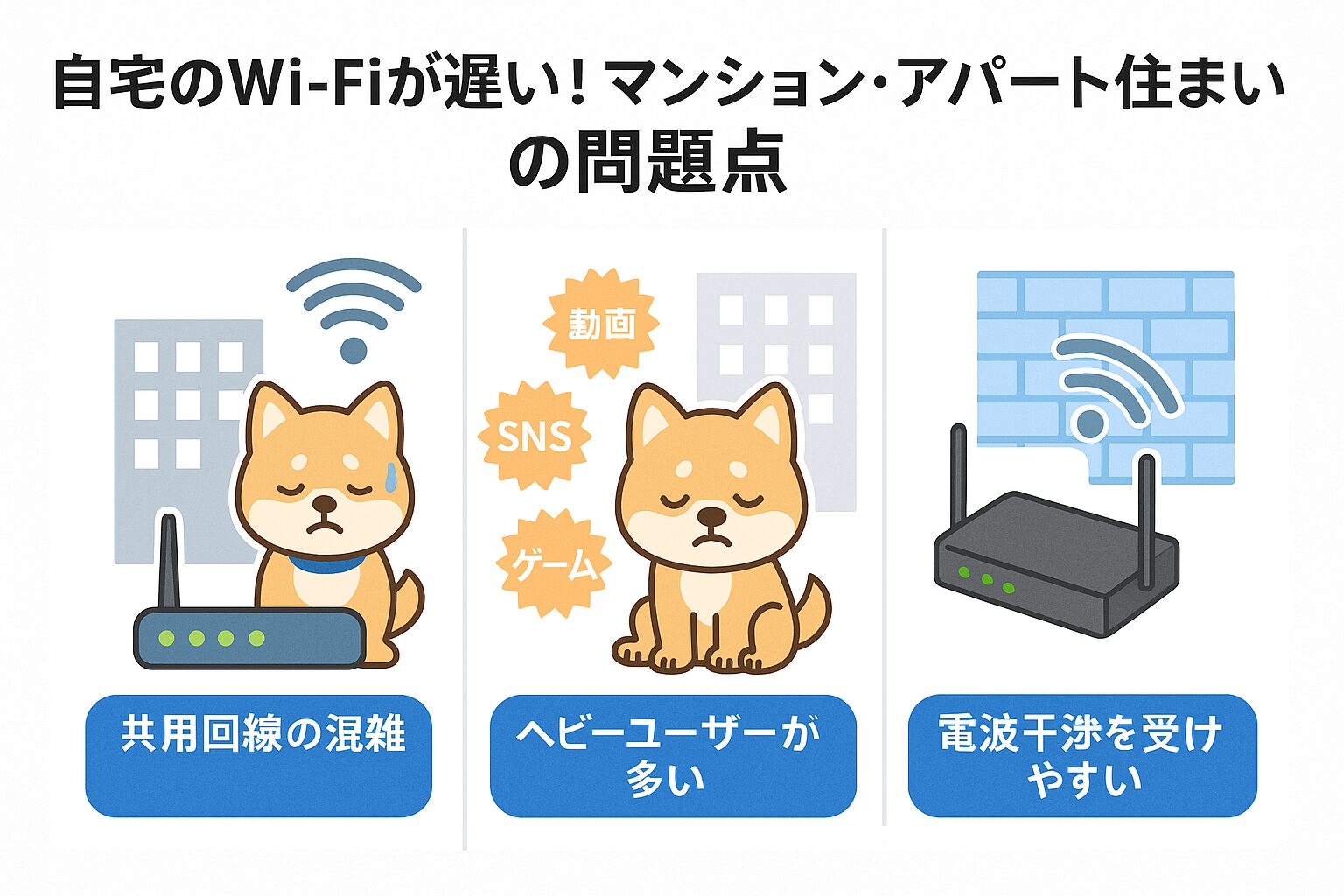 自宅Wi-Fiが遅い理由を示した図解(共用回線の混雑・ヘビーユーザー・電波干渉)