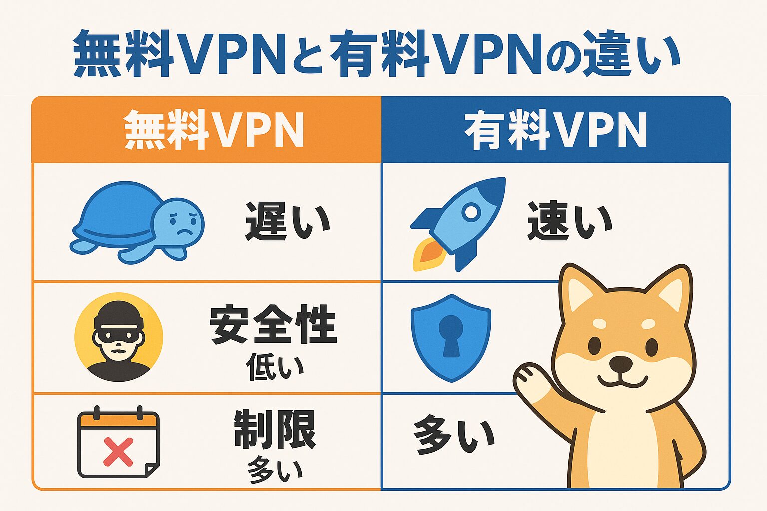 無料VPNと有料VPNの違いの図解