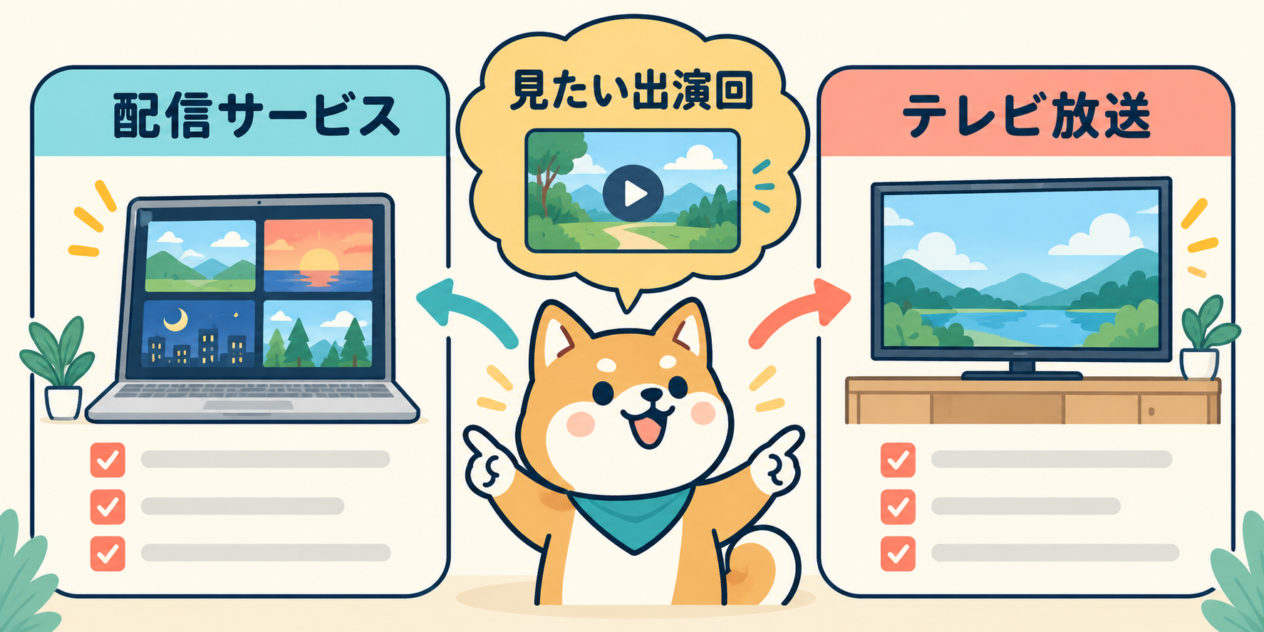 配信サービス・テレビ放送・見たい出演回を比較する柴犬