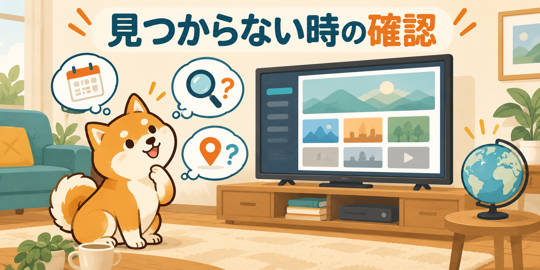 動画サービスで作品が見つからない場合の確認を案内する柴犬