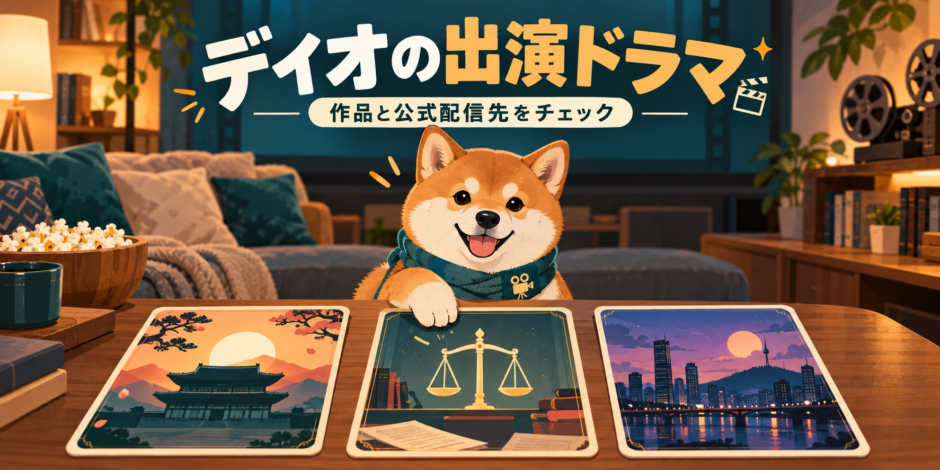 ディオの出演ドラマと公式配信先を案内する柴犬のイラスト