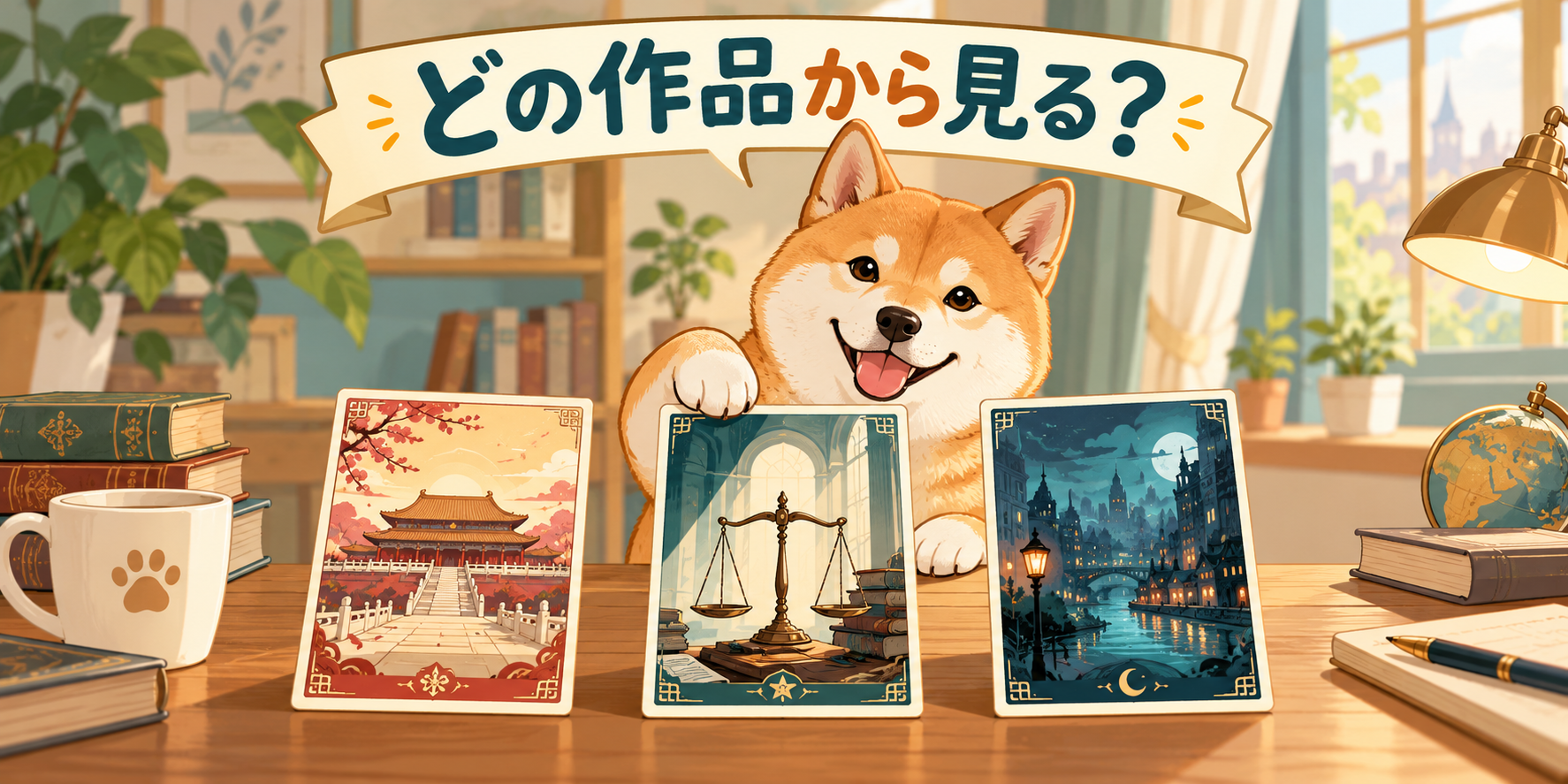 宮殿・法律・都市のカードからドラマのジャンルを選ぶ柴犬