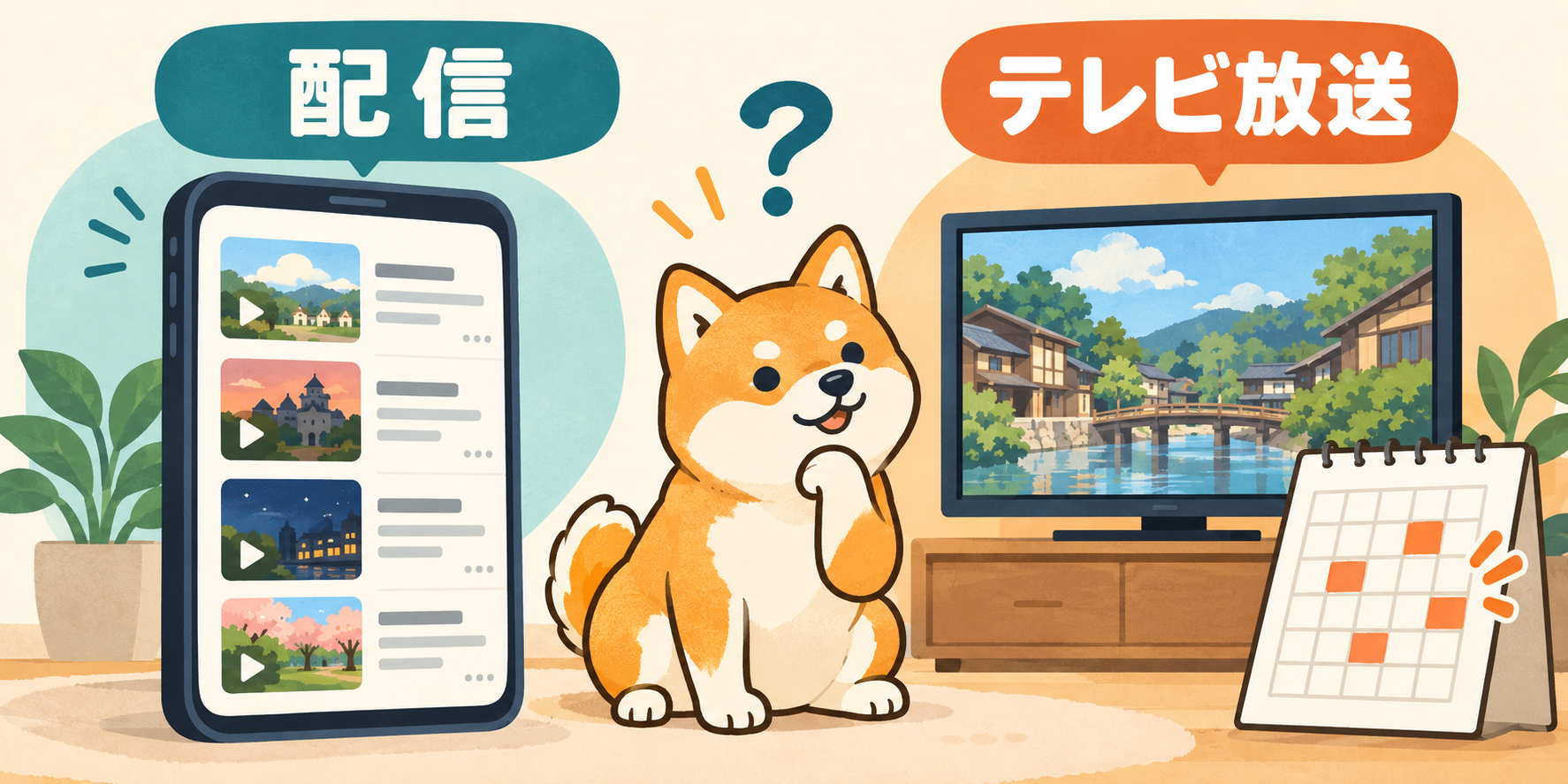 スマホ配信とテレビ放送を比較する柴犬