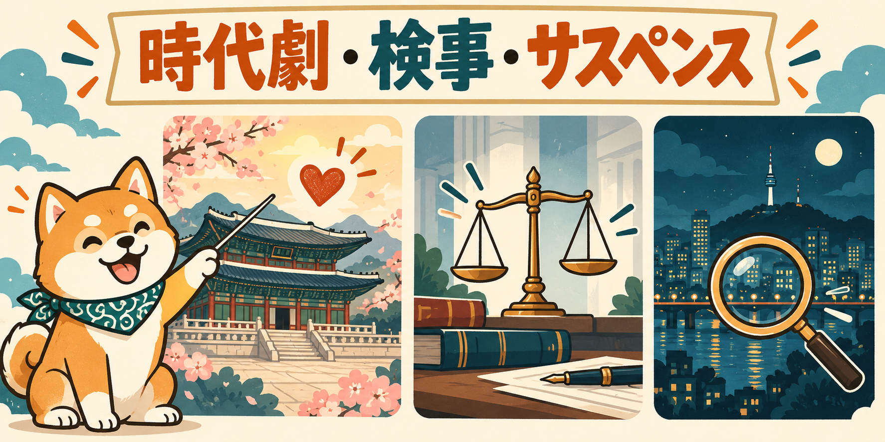 時代劇・検事ドラマ・都市サスペンスの三つのジャンルを説明するイラスト