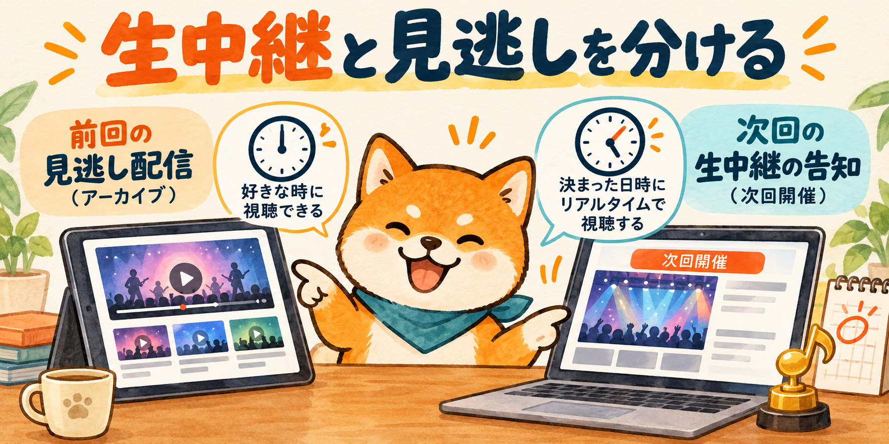 過去のGDA動画アーカイブと次回の配信発表を分けて確認する柴犬