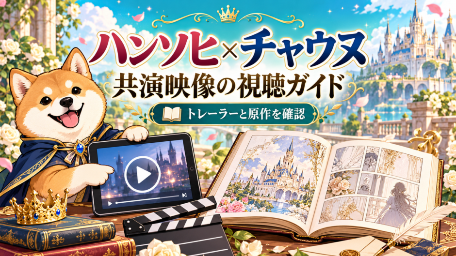 柴犬がタブレットと本でハンソヒ・チャウヌの共演映像と原作を案内するイラスト