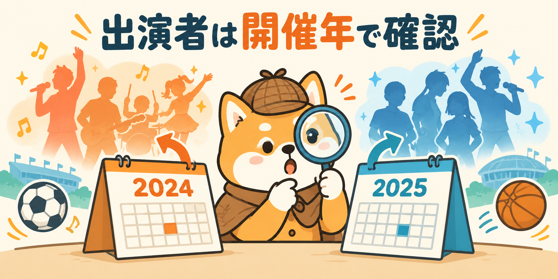 2024年と2025年のカードを見比べて出演者を確認する柴犬
