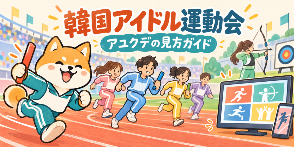 韓国アイドル運動会・アユクデの見方を案内する柴犬のアイキャッチ