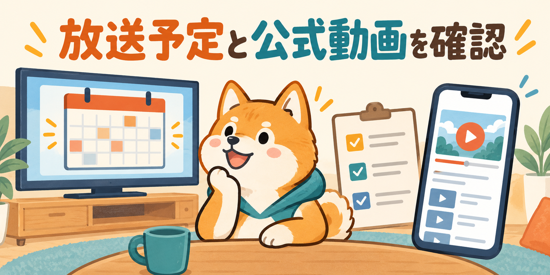 テレビの放送予定とスマホの公式短編動画を確認する柴犬