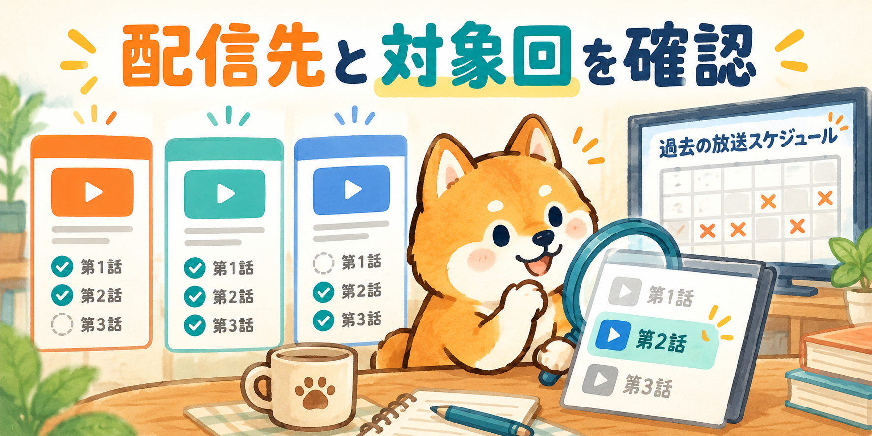 配信サービスの対象回とテレビの放送予定を見比べる柴犬