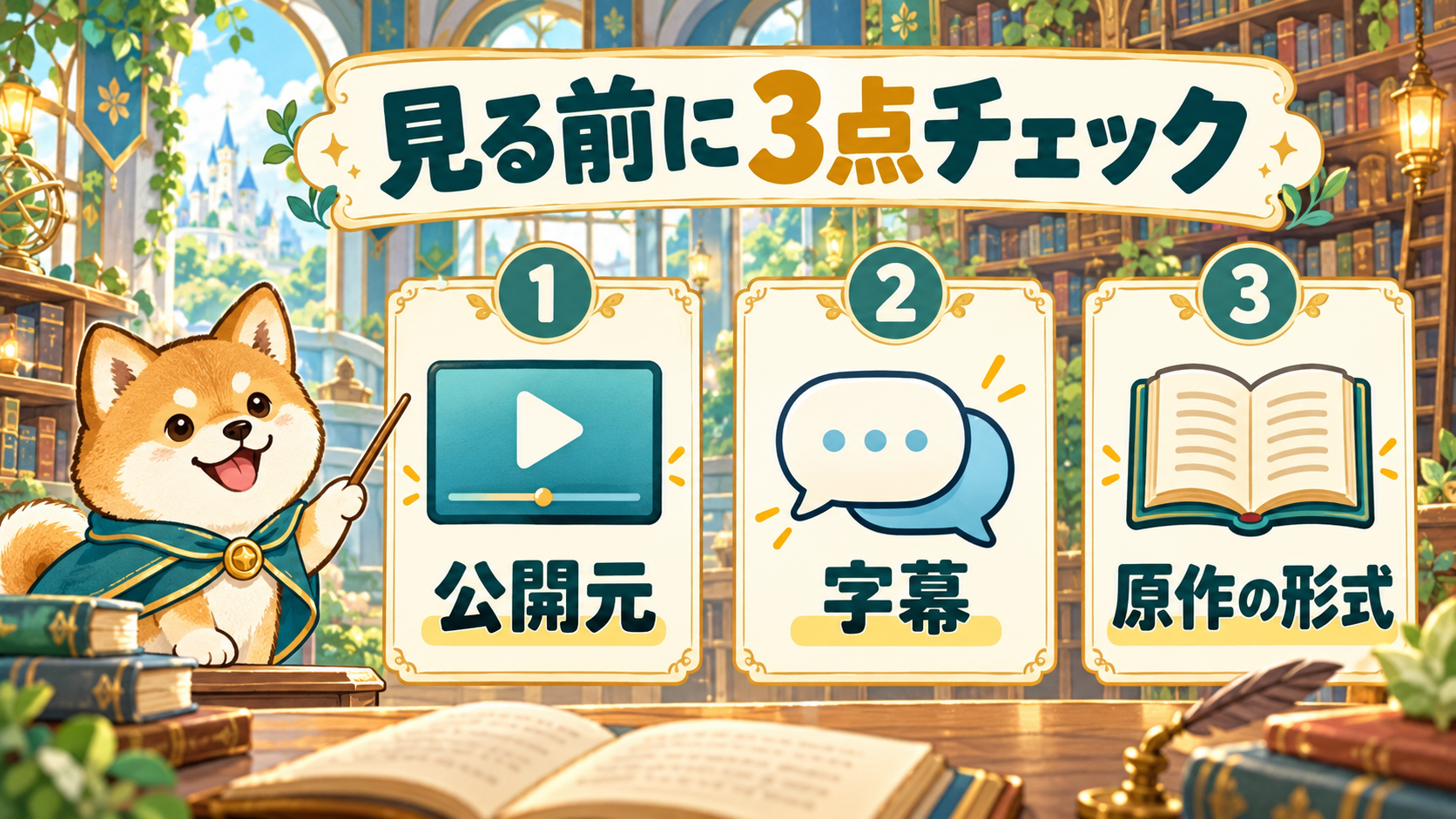 公開元、字幕、読みたい版を順に確認する柴犬の視聴ガイド
