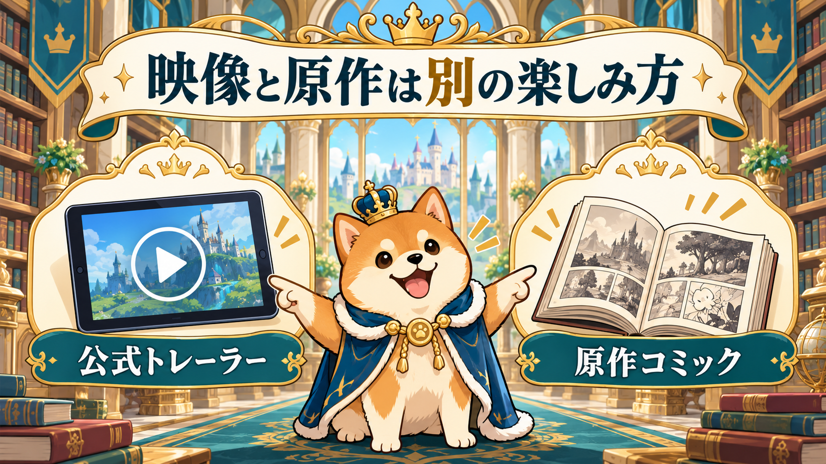 公式トレーラーのタブレットと原作コミックを分けて案内する柴犬