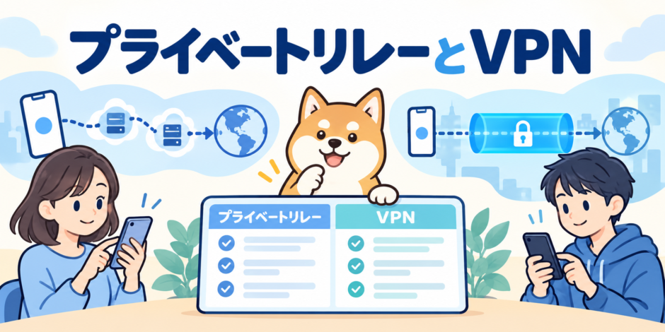 プライベートリレーの二つの中継とVPNの経路を比較する柴犬のガイド