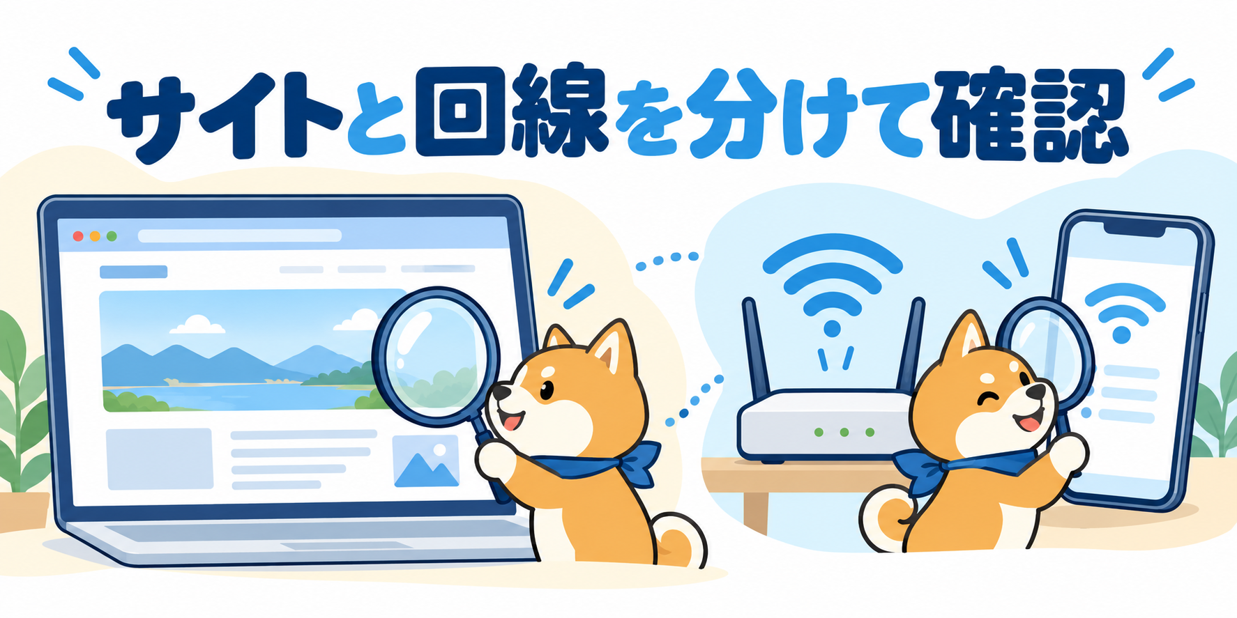 ひとつのWebサイトの問題とWi-Fi・モバイル回線の問題を分けて確認するイラスト