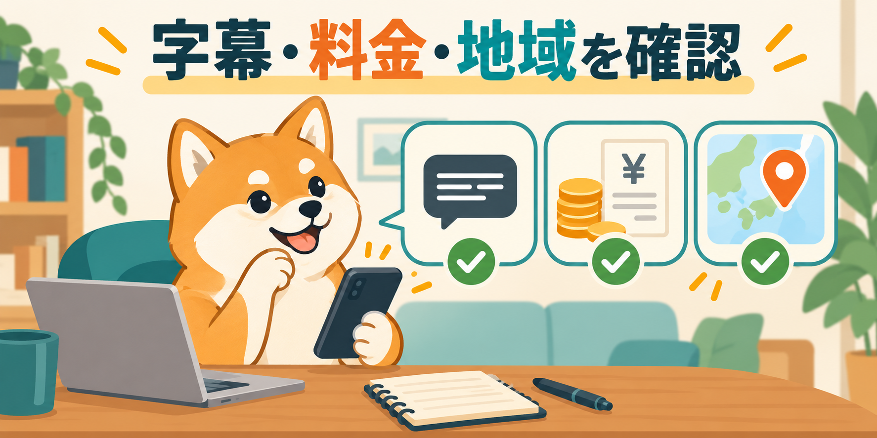 字幕と料金と利用地域を確認する柴犬