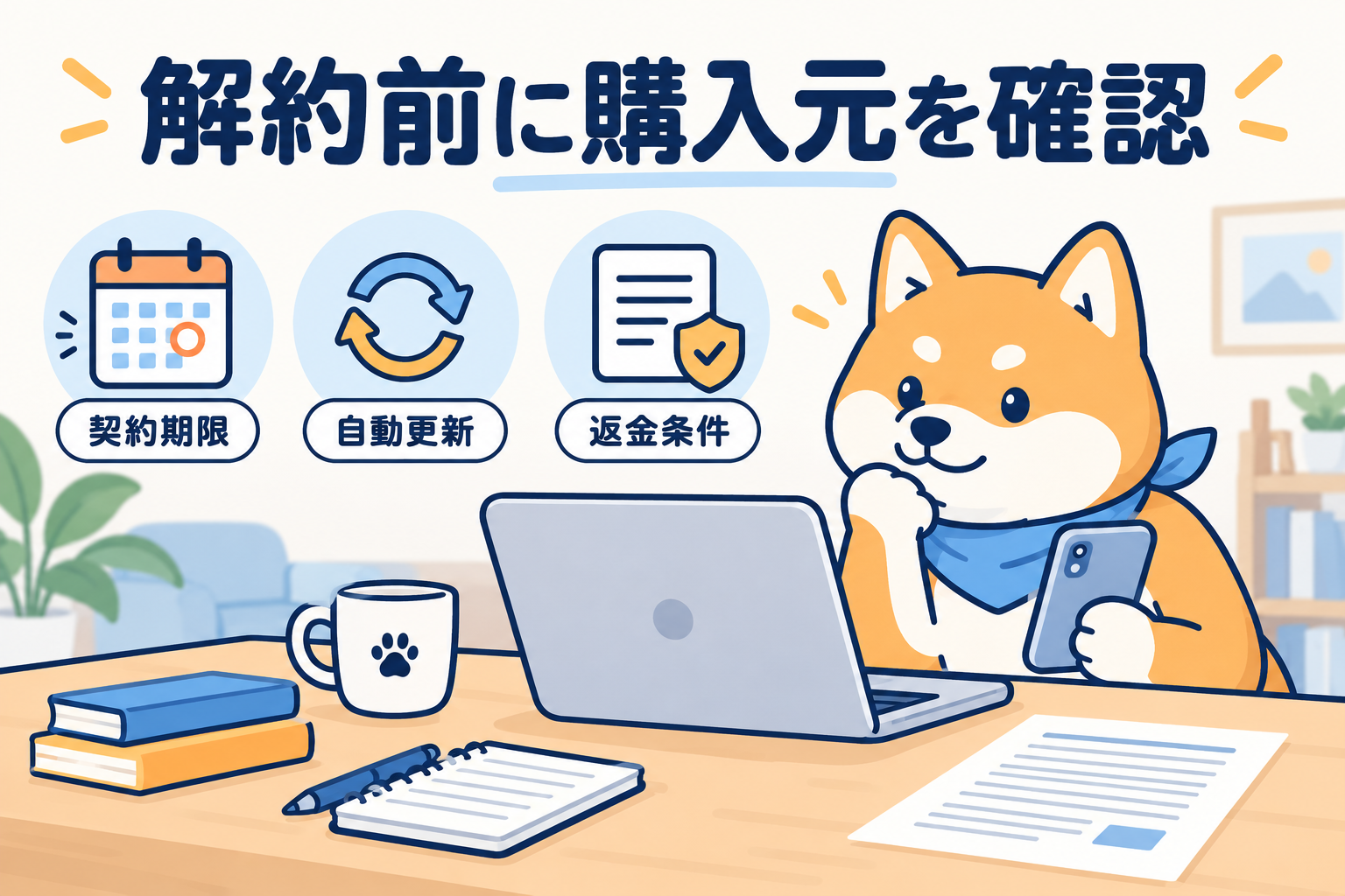解約前に購入元・契約期限・自動更新・返金条件を確認するイラスト