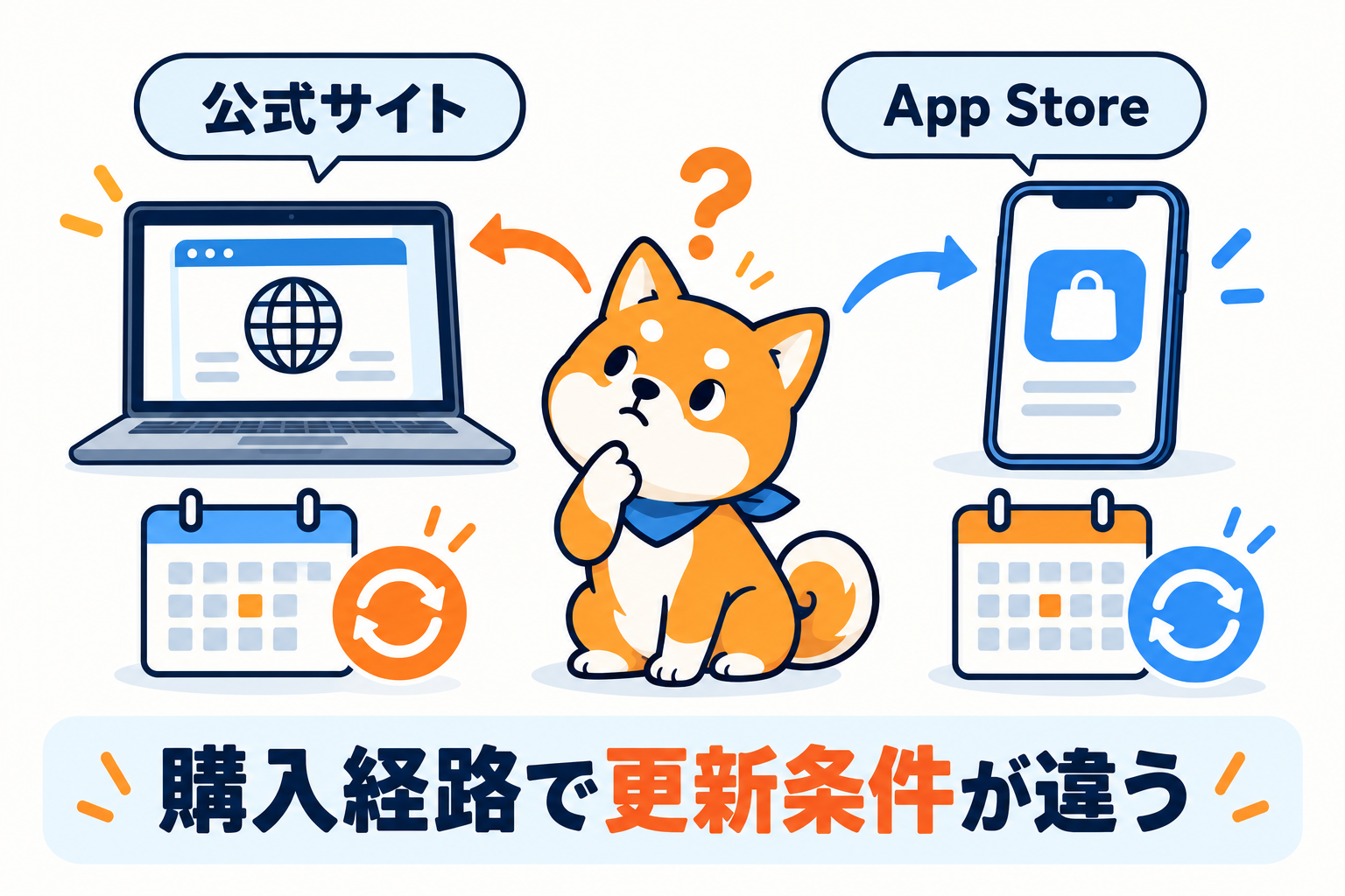 公式サイトとApp Storeでは購入・更新条件が異なることを示すイラスト