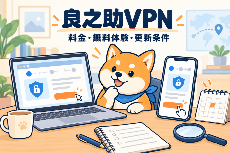 良之助VPNの料金・無料体験・更新条件を比較する柴犬のイラスト