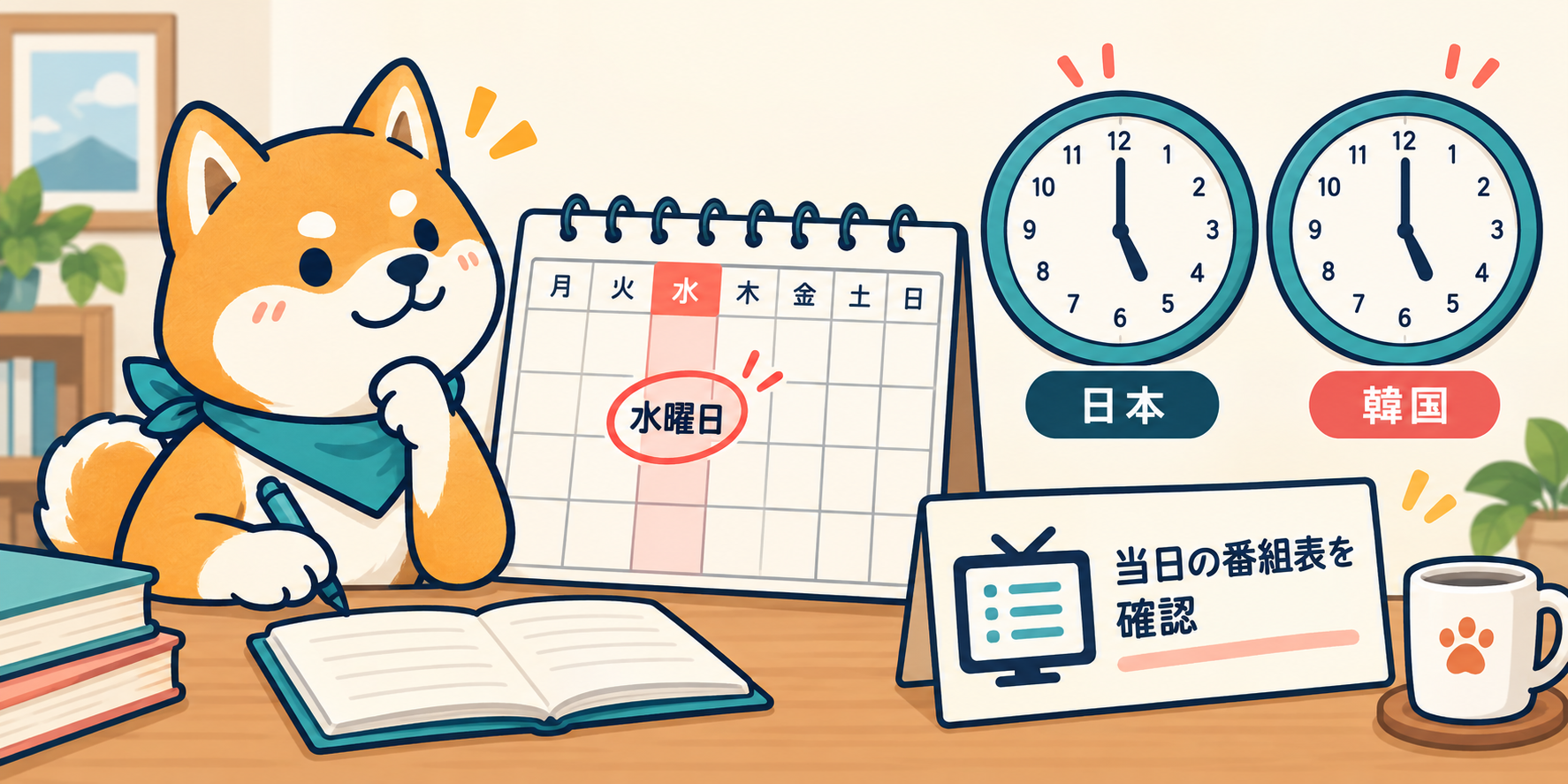 水曜日の番組表を確認し、日本と韓国の時刻を照合するイラスト