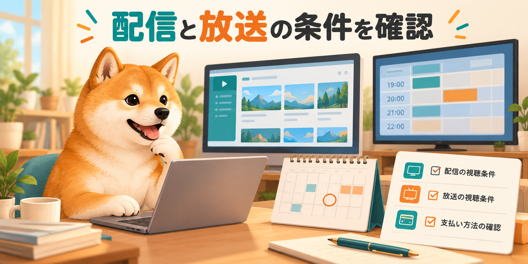 配信サービスとテレビの番組表、字幕と料金を確認する柴犬