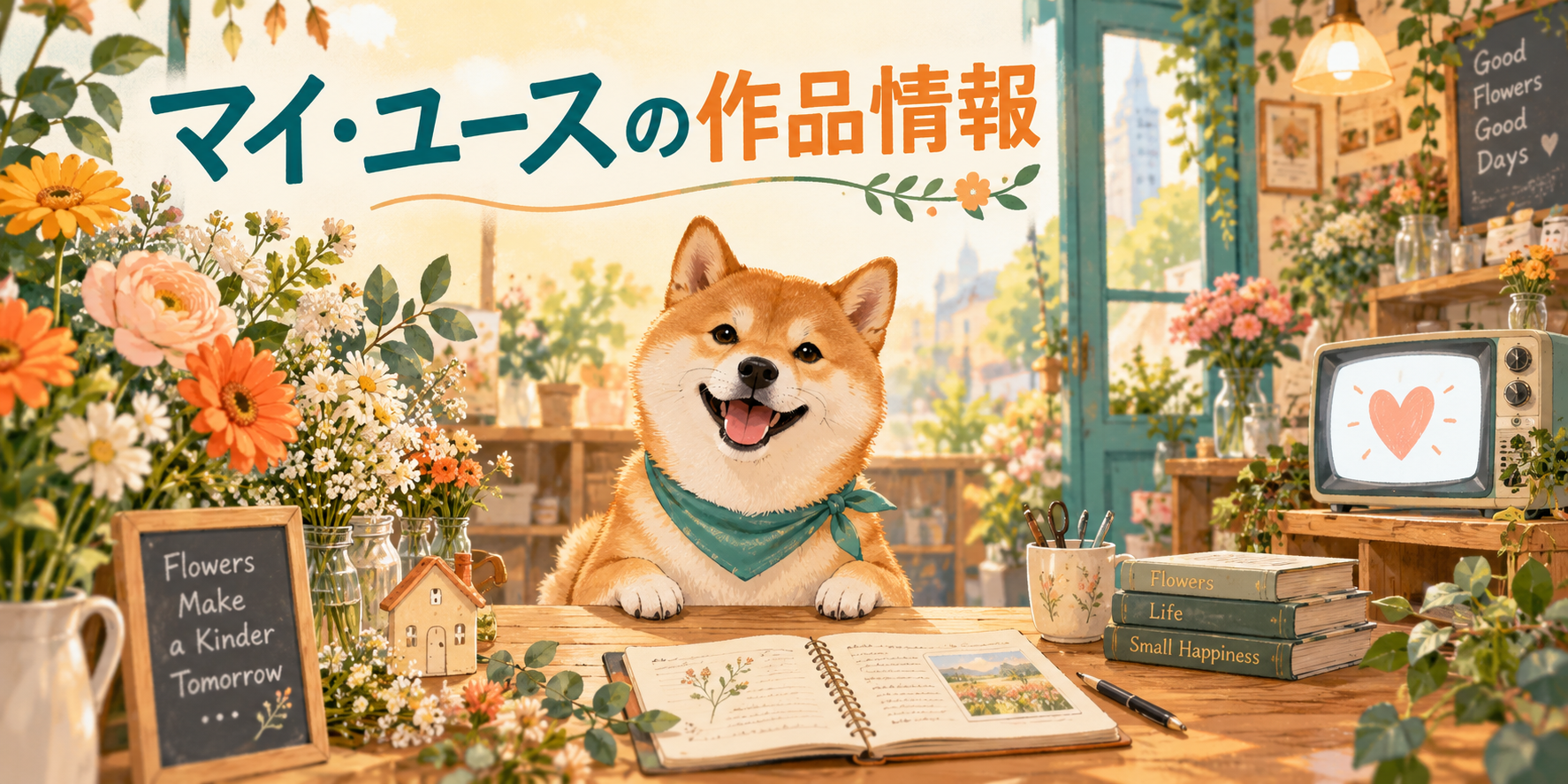 花屋とノートを使ってマイ・ユースの作品情報を説明するイラスト