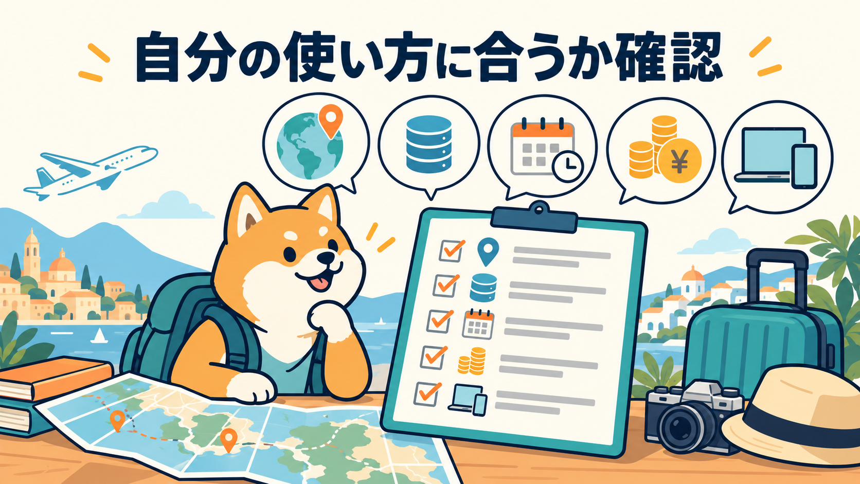 利用地域・通信量・滞在期間・予算・端末を確認して通信サービスを選ぶイラスト
