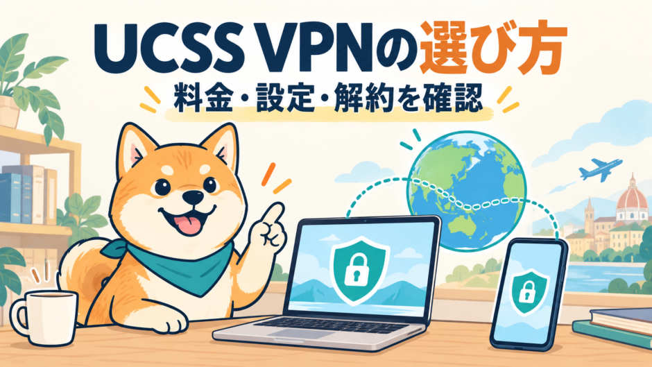 UCSS VPNの料金・設定・解約を案内する柴犬とパソコン・スマートフォンのイラスト