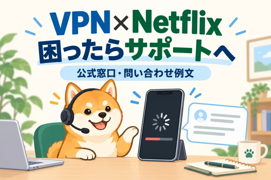 VPNとNetflixの困りごとをサポートに相談する柴犬のガイドと、読み込み中のスマートフォン