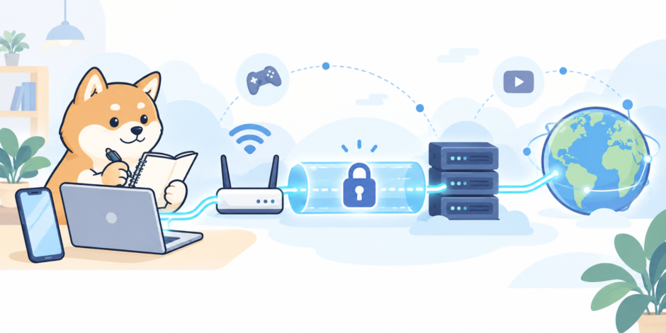 端末からルーター、暗号化トンネル、VPNサーバー、インターネットへ接続する仕組みと、条件を確認する柴犬のイラスト